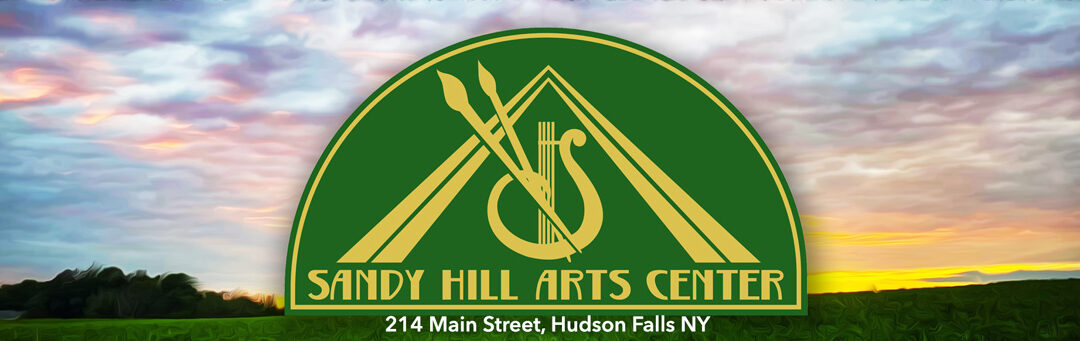 A green and gold half-circle logo in front of a cloudy sky background. The logo reads "Sandy Hill Arts Center".